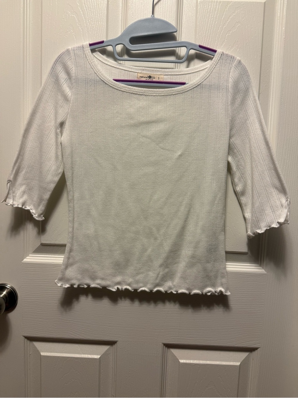 NATURAL LIFE White Ribbed Lettuce-Edge Long Sleeve Tee